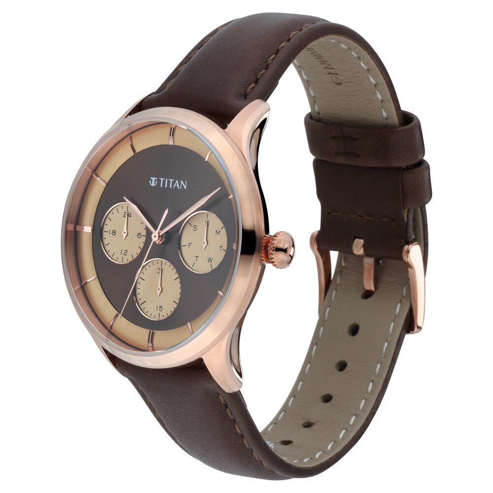 Titan Quartz Multifunction Brown Dial Leather Strap Watch for Men-NS90125WL01