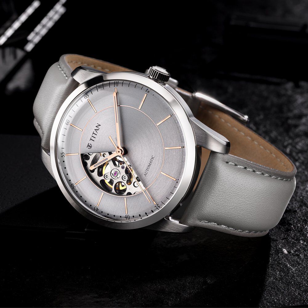 Titan Automatics Grey Dial Automatic Leather Strap Watch for Men - The Watch Factory ®