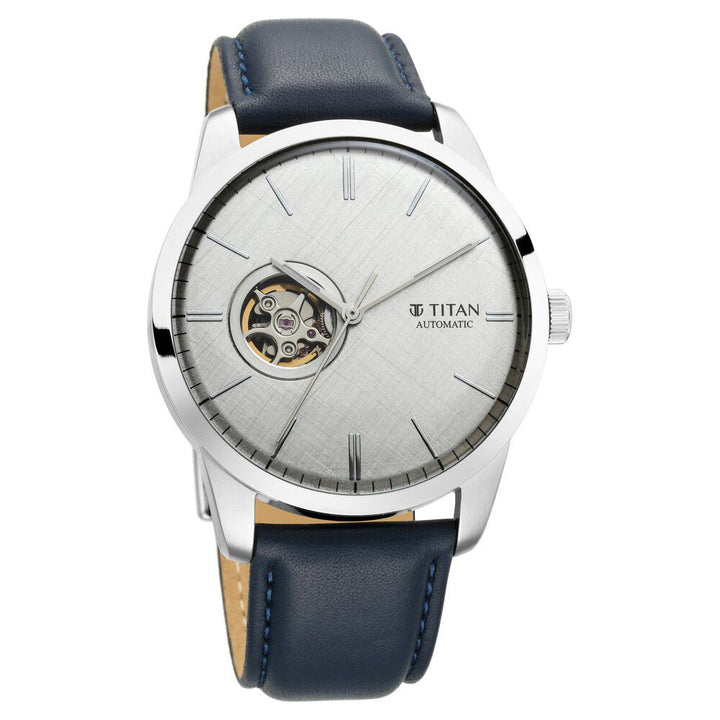 Titan Automatic Silver Dial Leather Strap Watch for Men NS90126SL02