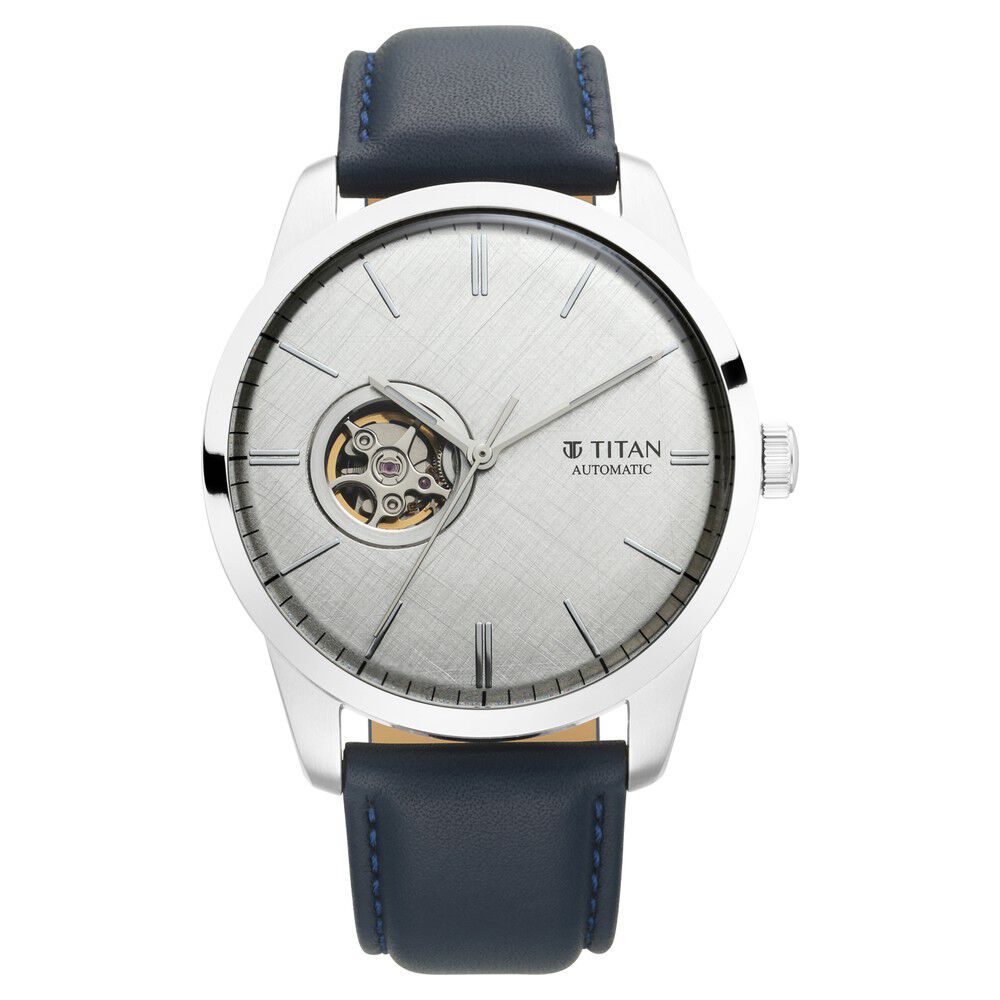 Titan Automatic Silver Dial Leather Strap Watch for Men NS90126SL02