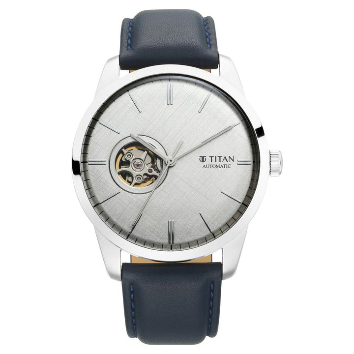 Titan Automatic Silver Dial Leather Strap Watch for Men NS90126SL02