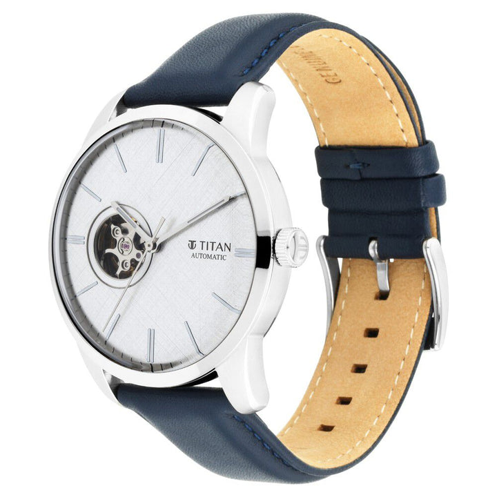 Titan Automatic Silver Dial Leather Strap Watch for Men NS90126SL02