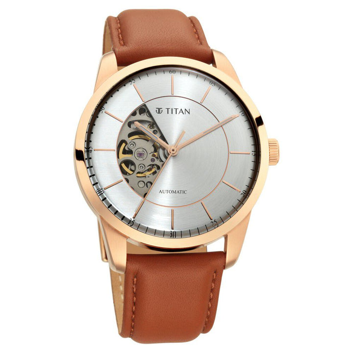 Titan Automatics Silver Dial Automatic Leather Strap Watch for Men NS90126WL01