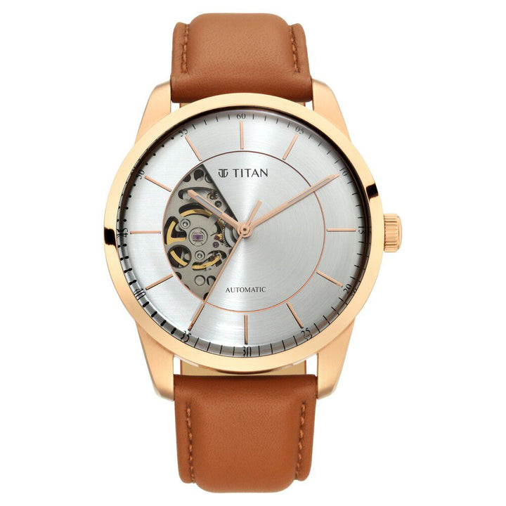 Titan Automatics Silver Dial Automatic Leather Strap Watch for Men NS90126WL01