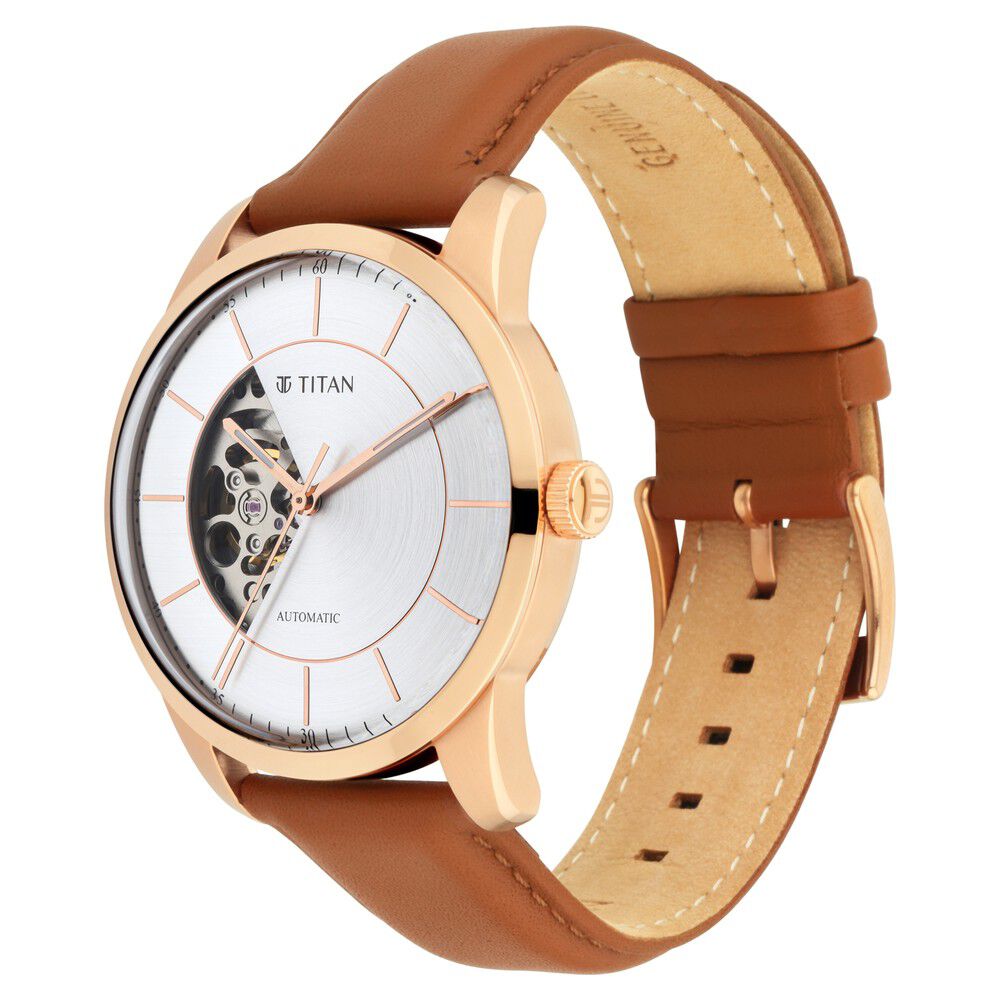 Titan Automatics Silver Dial Automatic Leather Strap Watch for Men NS90126WL01