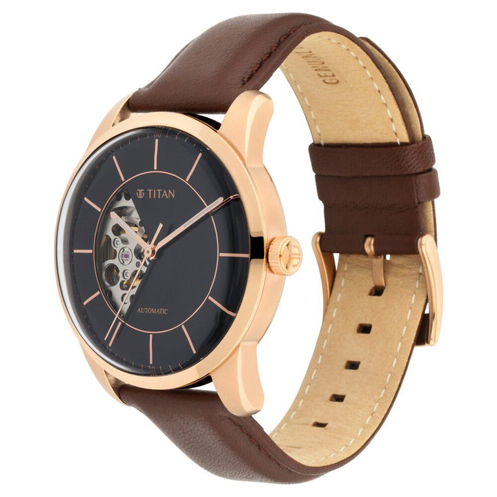 Titan Automatics Black Dial Brown Leather Strap Watch For Men - The Watch Factory ®