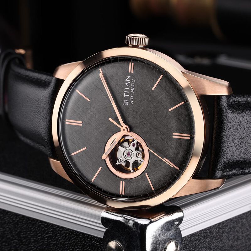 Titan Automatic Black Dial Leather Strap Watch For Men