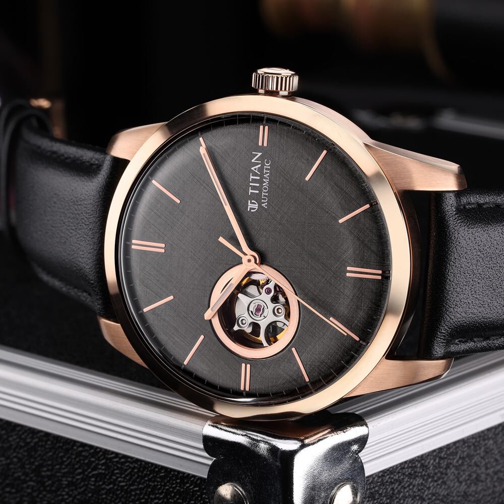 Titan Automatic Black Dial Leather Strap Watch for Men - The Watch Factory ®