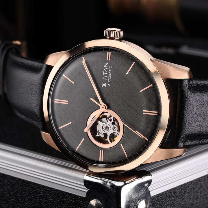 Titan Automatic Black Dial Leather Strap Watch for Men - The Watch Factory ®