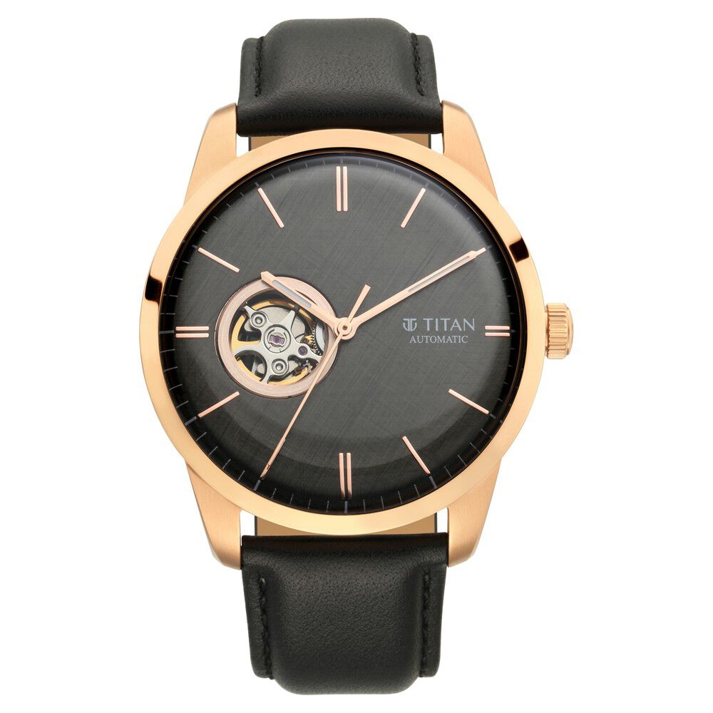 Titan Automatic Black Dial Leather Strap Watch for Men - The Watch Factory ®