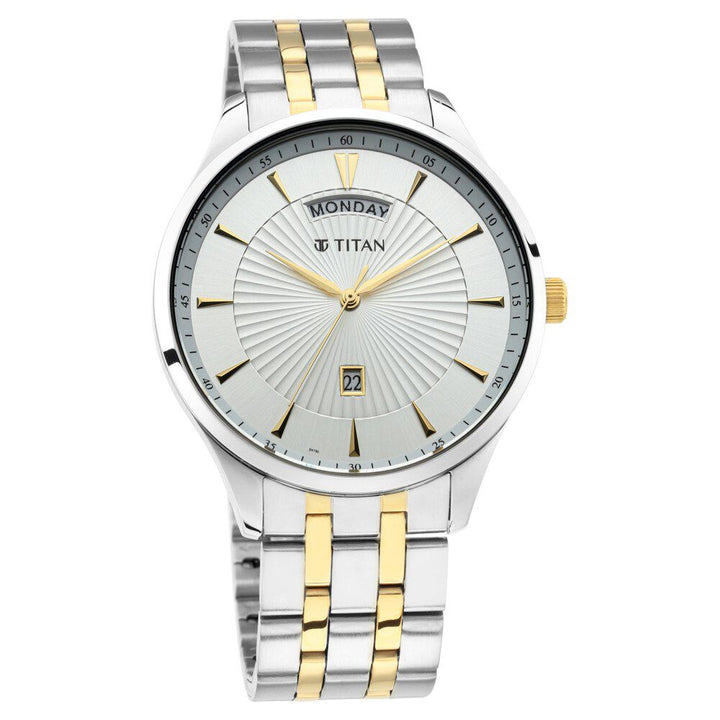 Titan Regalia Opulent White Dial Analog with Day and Date Stainless Steel Strap Watch for Men NS90127BM01