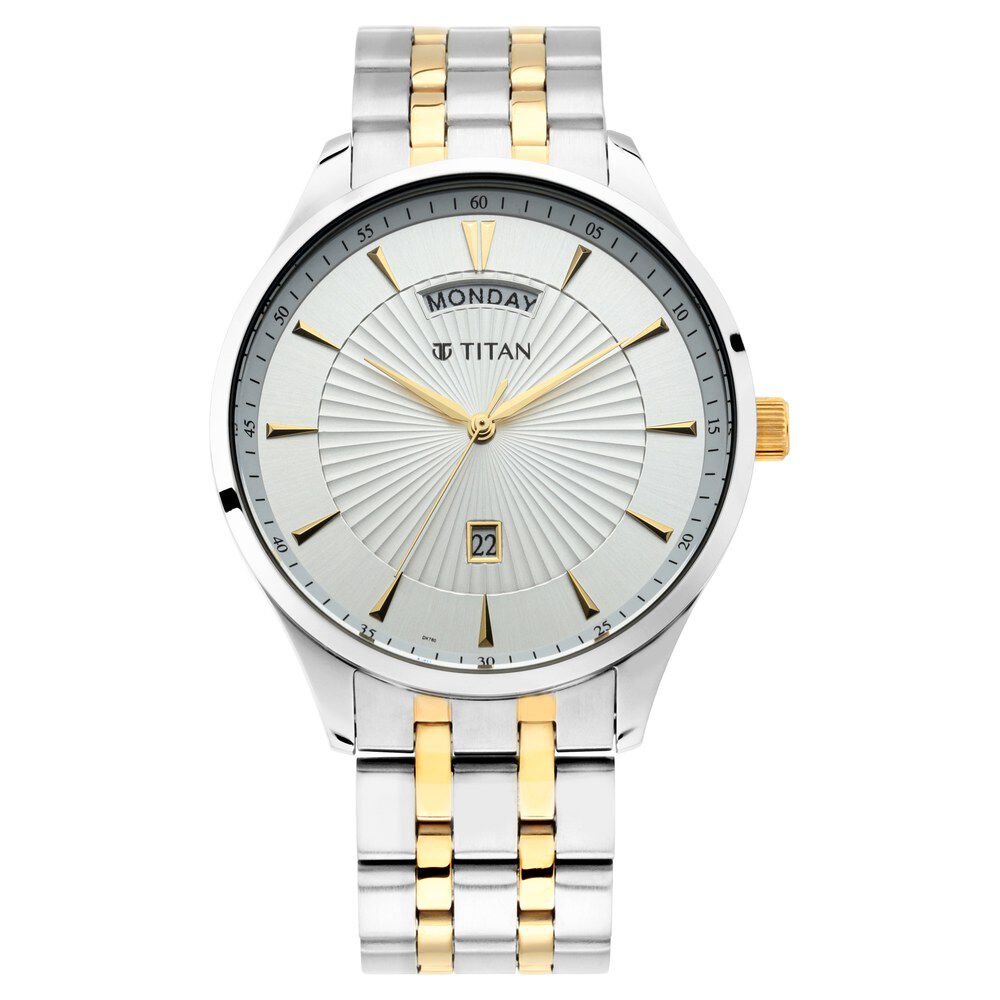 Titan Regalia Opulent White Dial Analog with Day and Date Stainless Steel Strap Watch for Men NS90127BM01
