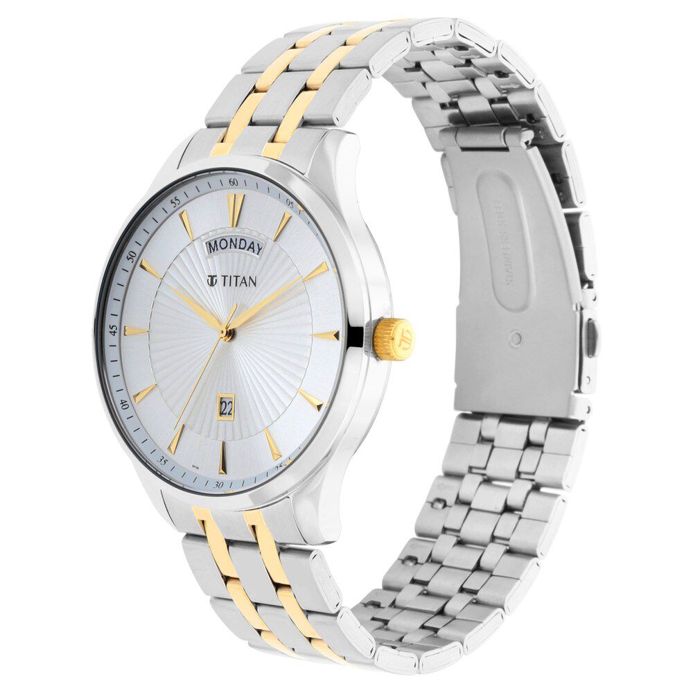 Titan Regalia Opulent White Dial Analog with Day and Date Stainless Steel Strap Watch for Men NS90127BM01