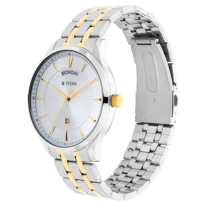 Titan Regalia Opulent White Dial Analog with Day and Date Stainless Steel Strap Watch for Men NS90127BM01
