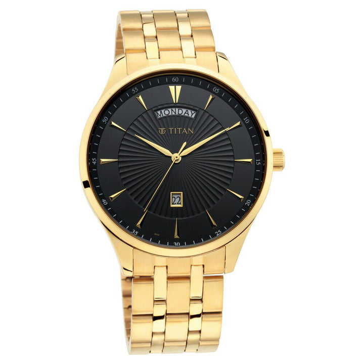 Titan Regalia Opulent Black Dial Analog with Day and Date Stainless Steel Strap watch for Men NR90127YM02