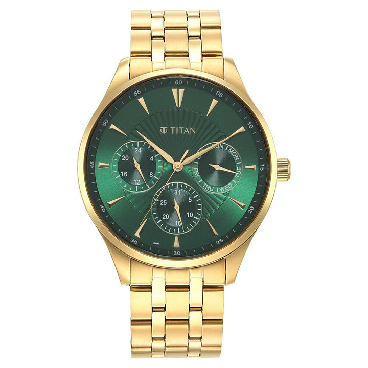 Titan Opulent Green Dial Quartz Multifunction Stainless Steel Strap watch for Men NS90127YM05