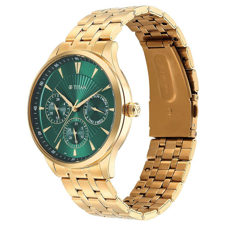 Titan Opulent Green Dial Quartz Multifunction Stainless Steel Strap watch for Men NS90127YM05