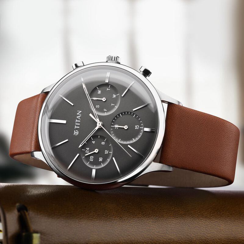 Titan Quartz Multifunction Blue Dial Leather Strap Watch for Men