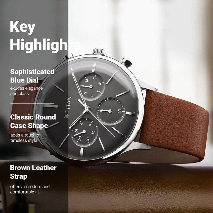 Titan Light Leathers Multifunction Black Dial Brown Leather Strap Watch For Men - The Watch Factory ®