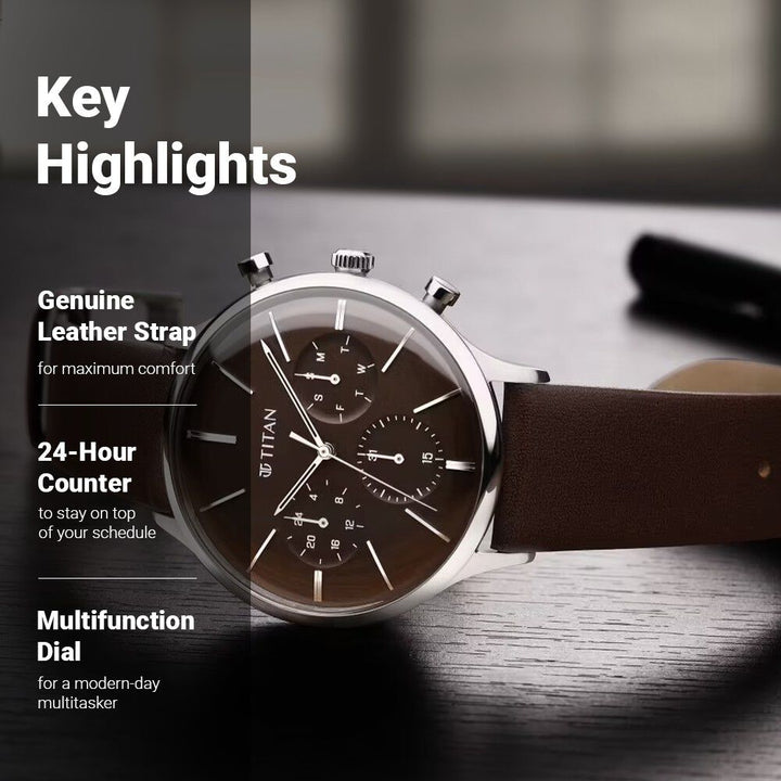 Titan Quartz Multifunction Brown Dial Leather Strap Watch for Men NS90134SL02