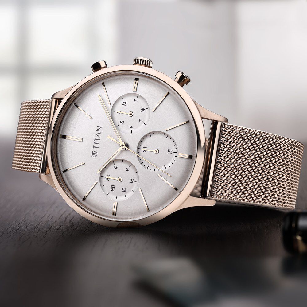 Titan Light Leathers Silver Dial Quartz Multifunction Stainless Steel Strap Watch for Men - The Watch Factory ®