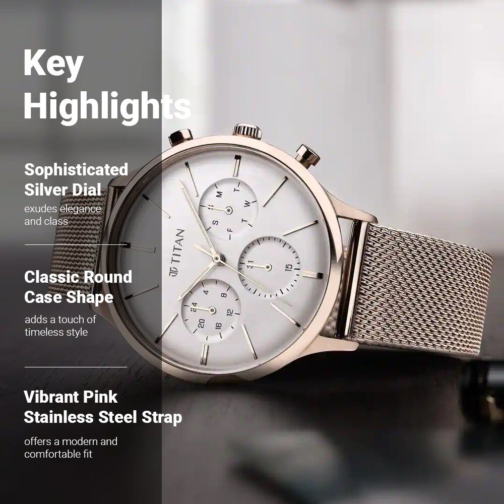 Titan Light Leathers Silver Dial Quartz Multifunction Stainless Steel Strap Watch for Men - The Watch Factory ®