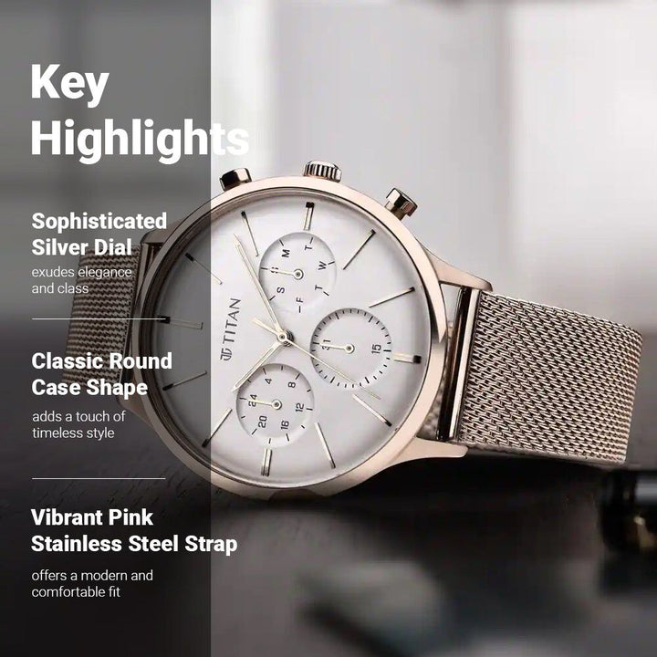 Titan Light Leathers Silver Dial Quartz Multifunction Stainless Steel Strap Watch for Men - The Watch Factory ®