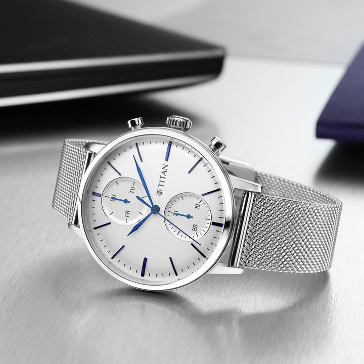 Titan Light Leathers Multifunction Silver Dial Silver Stainless Steel Strap Watch For Men - The Watch Factory ®