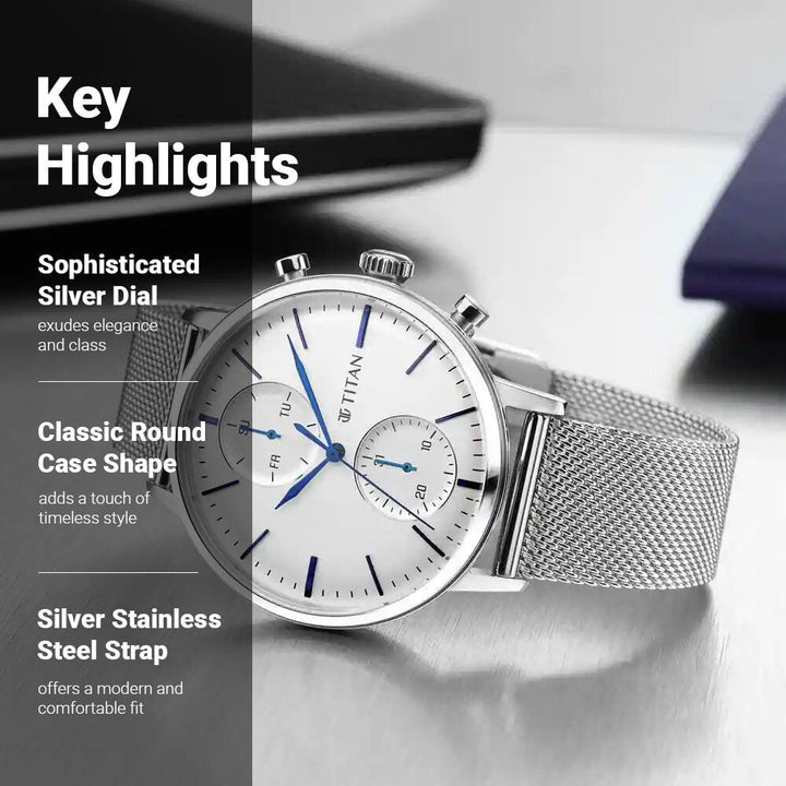 Titan Light Leathers Multifunction Silver Dial Silver Stainless Steel Strap Watch For Men - The Watch Factory ®