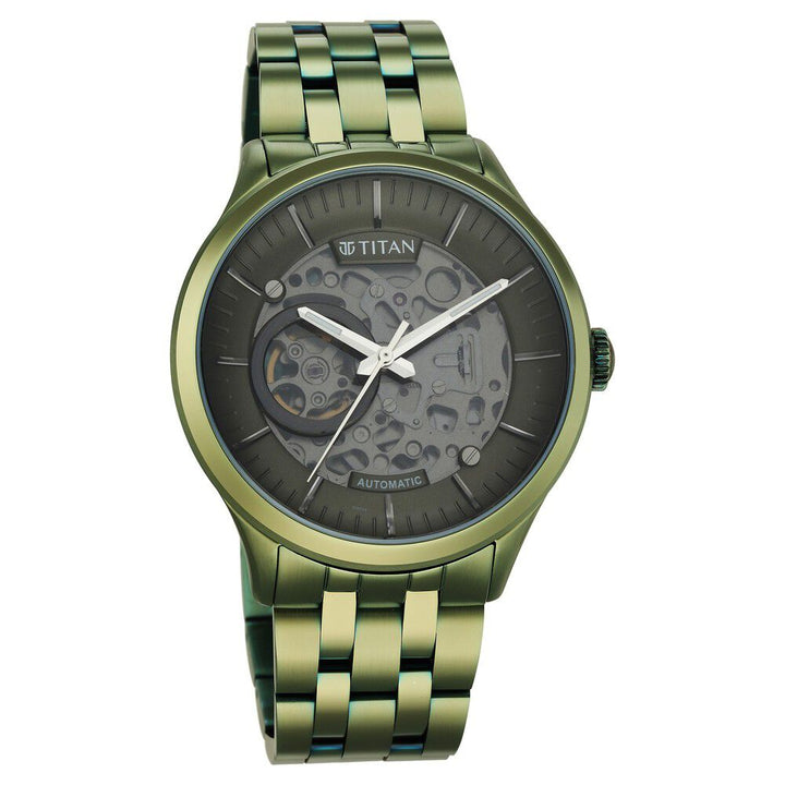 Titan Metal Mechanicals Automatic Grey Dial Green Stainless Steel Strap Watch For Men - The Watch Factory ®