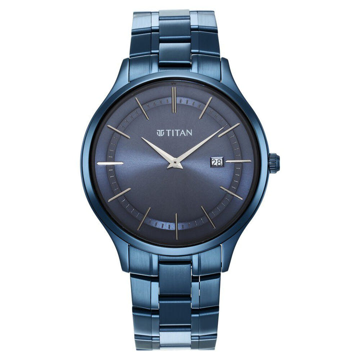 Titan Classique Slimline Blue Dial Quartz Analog with Date Stainless Steel Strap watch for Men - The Watch Factory ®