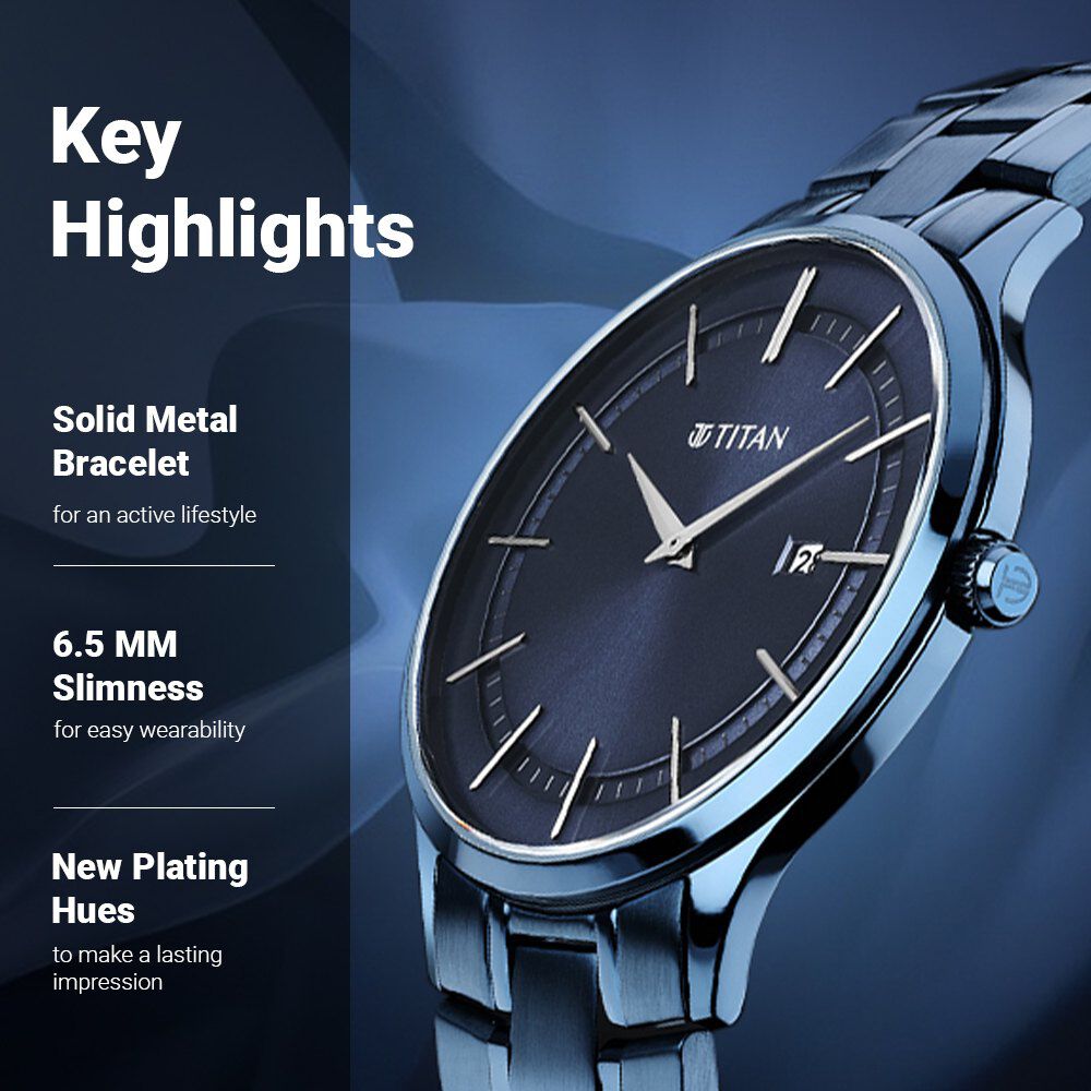 Titan Classique Slimline Blue Dial Quartz Analog with Date Stainless Steel Strap watch for Men - The Watch Factory ®