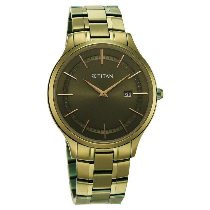 Titan Classique Slimline Green Dial Analog with Day and Date Stainless Steel Strap watch for Men NS90142QM03