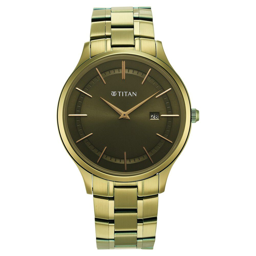Titan Classique Slimline Green Dial Analog with Day and Date Stainless Steel Strap watch for Men NS90142QM03