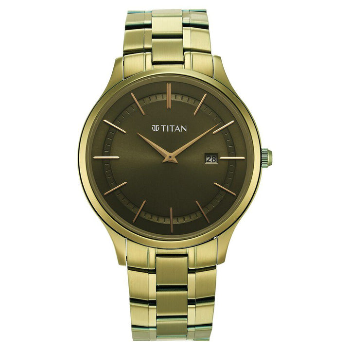 Titan Classique Slimline Green Dial Analog with Day and Date Stainless Steel Strap watch for Men NS90142QM03