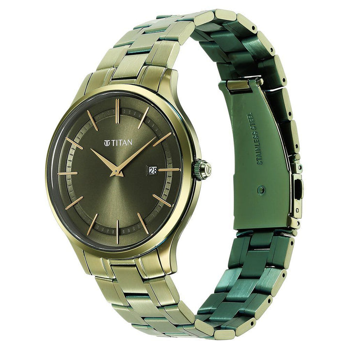 Titan Classique Slimline Green Dial Analog with Day and Date Stainless Steel Strap watch for Men NS90142QM03