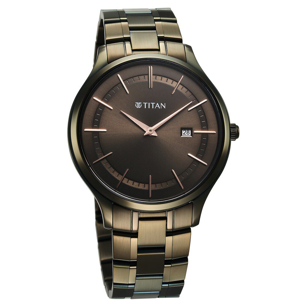Titan Clasique Slim Quartz Analog with Date Brown Dial With Two Toned Color Stainless Steel Strap Watch For Men 90142QM07