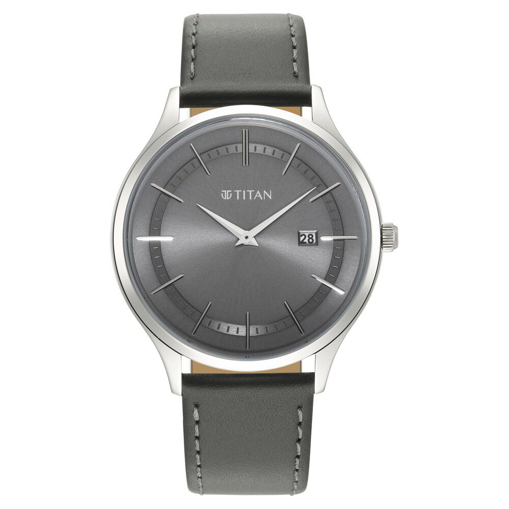 Titan Classique Slimline Grey Dial Analog with Date Leather Strap Watch for Men NS90142SL01
