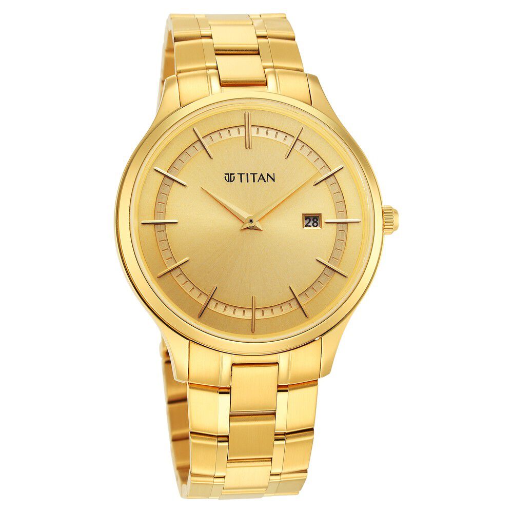 Titan Classique Slimline Champagne Dial Analog with Day and Date Stainless Steel Strap Watch for Men - The Watch Factory ®