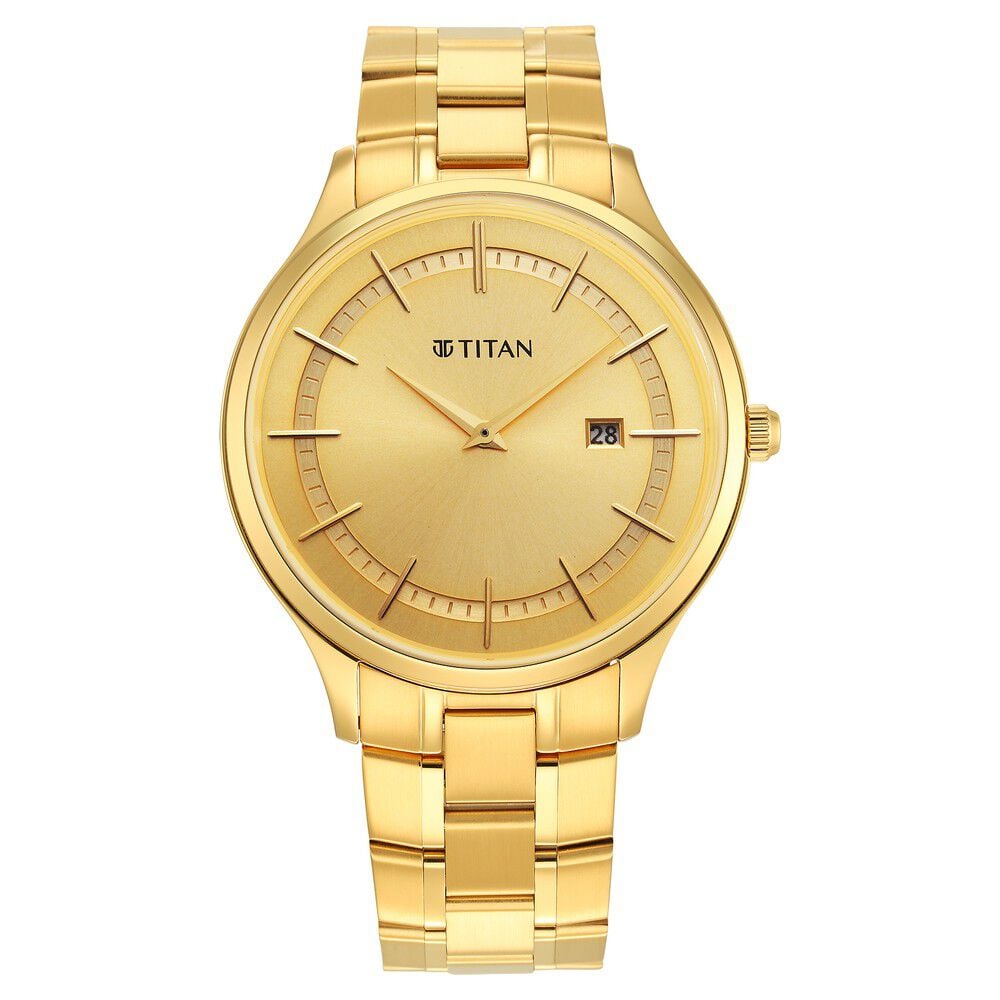 Titan Classique Slimline Champagne Dial Analog with Day and Date Stainless Steel Strap Watch for Men - The Watch Factory ®