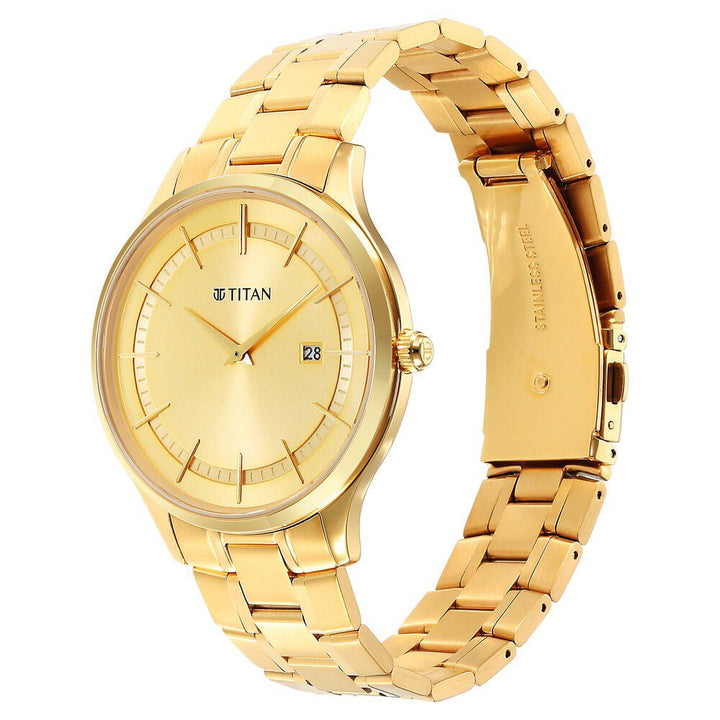 Titan Classique Slimline Champagne Dial Analog with Day and Date Stainless Steel Strap Watch for Men - The Watch Factory ®