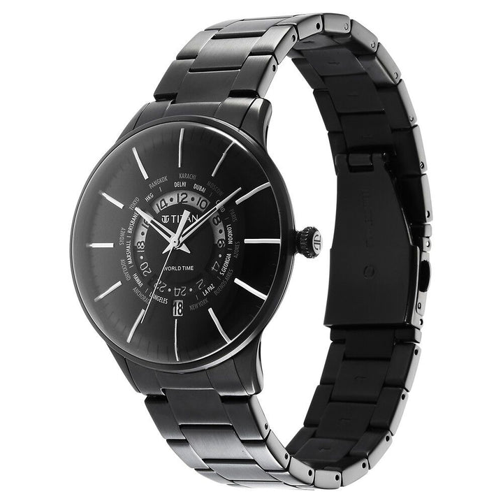 Titan Black Dial World Time with Date Stainless Steel Strap watch for Men - The Watch Factory ®
