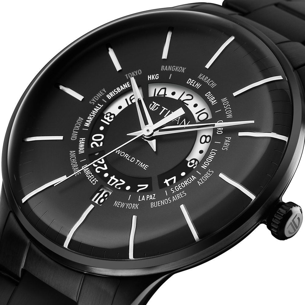 Titan Black Dial World Time with Date Stainless Steel Strap watch for Men - The Watch Factory ®