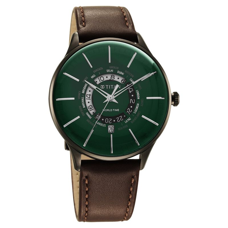 Titan Green Dial World Time With Date Leather Strap Watch For Men