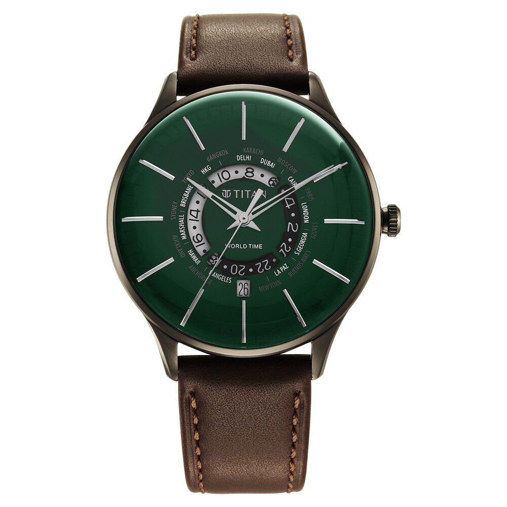 Titan Green Dial World Time with Date Leather Strap watch for Men NS90145QL01
