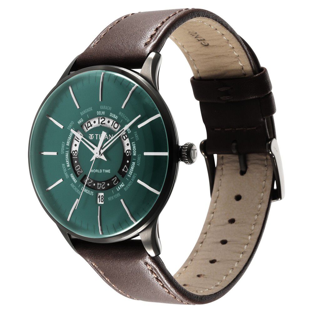 Titan Green Dial World Time with Date Leather Strap watch for Men NS90145QL01