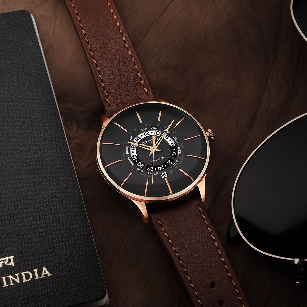 Titan Black Dial World Time with Date Stainless Steel Strap Watch for Men - The Watch Factory ®