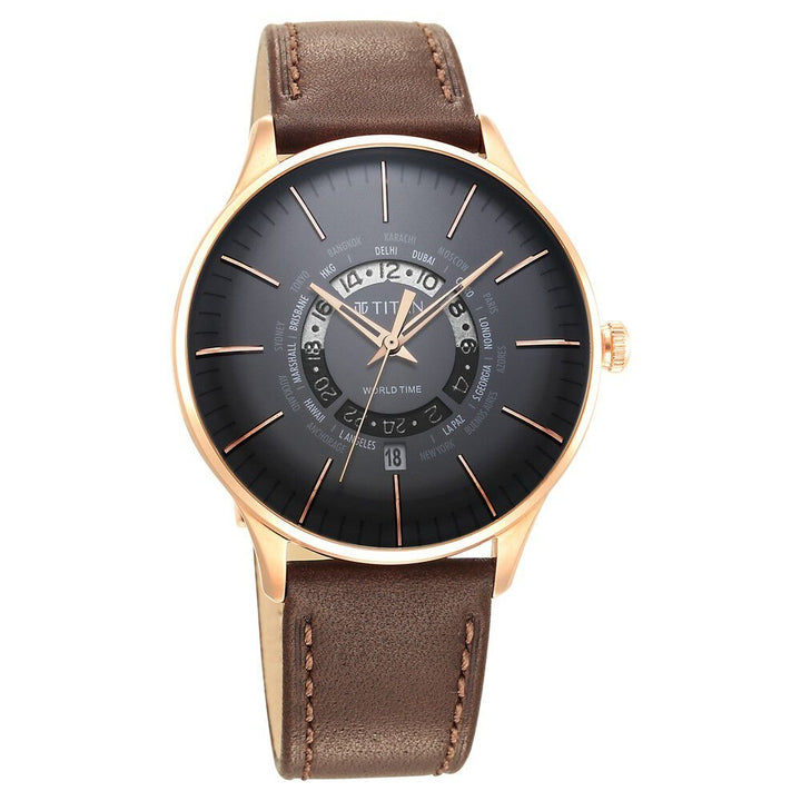 Titan Black Dial World Time with Date Stainless Steel Strap Watch for Men - The Watch Factory ®