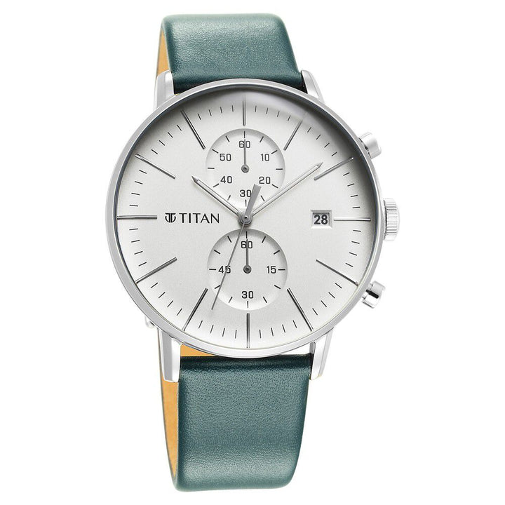 Titan Quartz Chronograph Silver Dial Leather Strap Watch for Men NS90146SL01