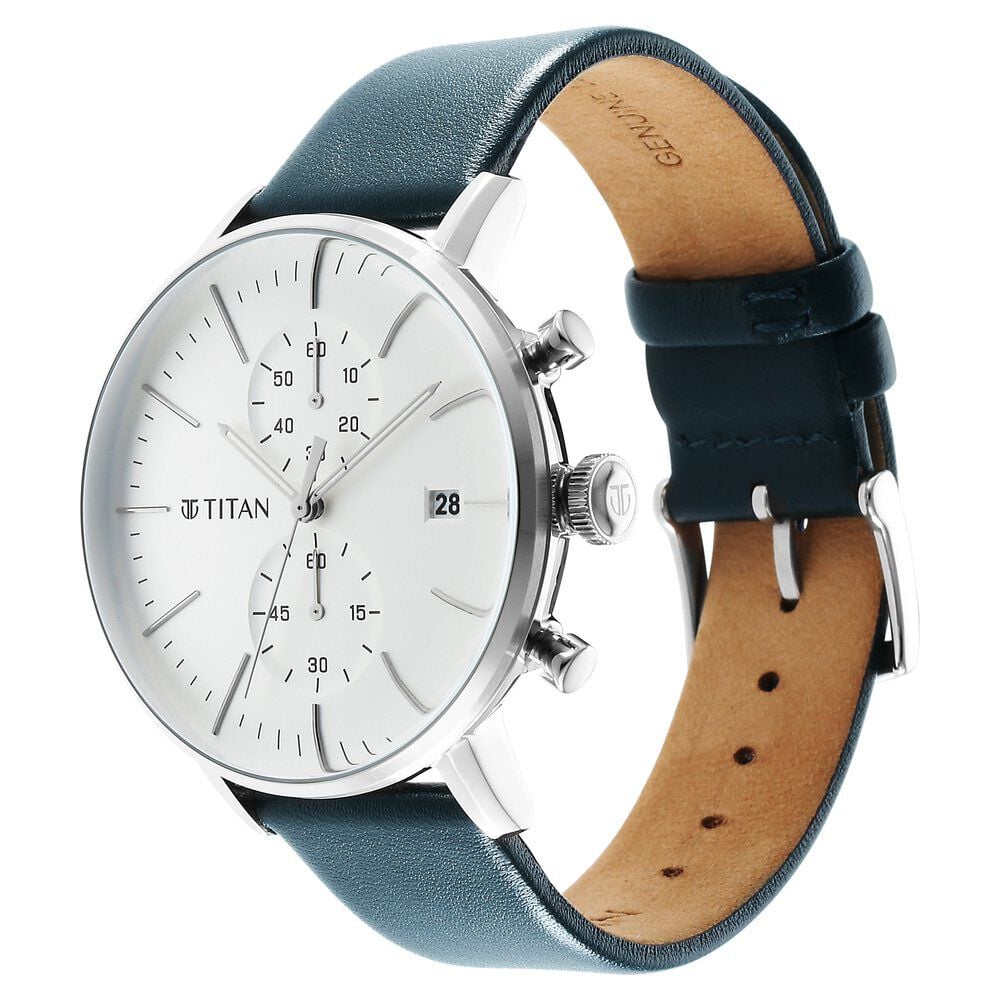 Titan Quartz Chronograph Silver Dial Leather Strap Watch for Men NS90146SL01